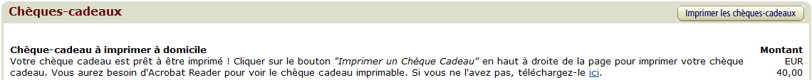 Page du suivi de commande qui permet de réimprimer le bon cadeau sur Amazon.fr